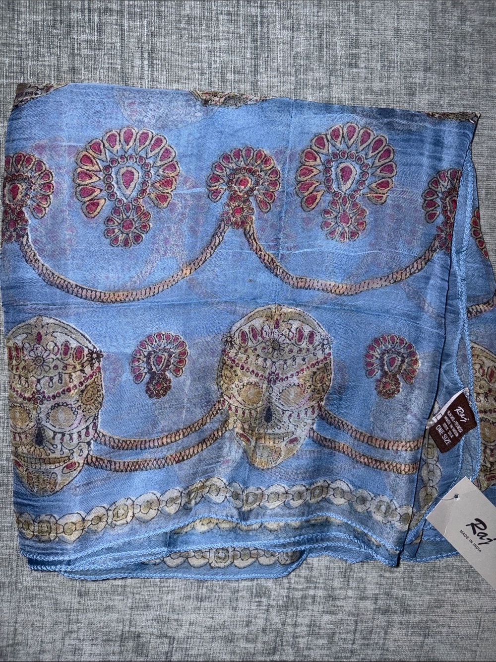 Raj Blue Silk Scarf with Gold and Pink Paisley Motifs